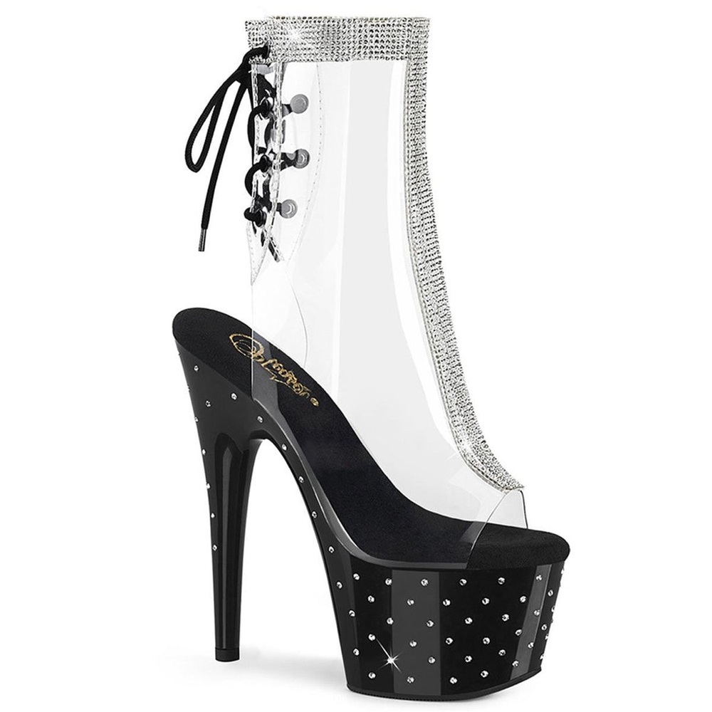 Pleaser Clear Rhinestone Lace-Up Platform Stiletto Boot with Black Studded Heel